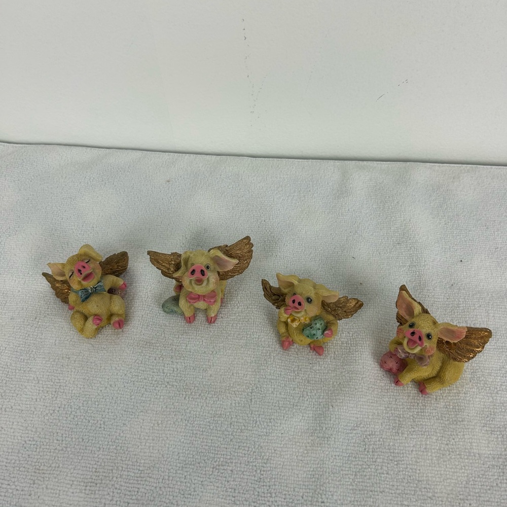 Set of 4 - VTG - Adorable Winged Pig Figurines with Gold Accents